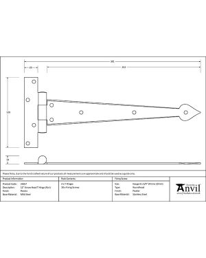 Pewter 12" Arrow Head T Hinge (pair)