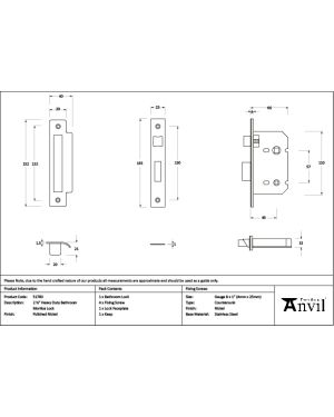 Polished Nickel 2½" Heavy Duty Bathroom Mortice Lock
