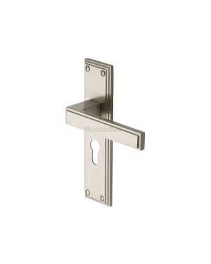 Heritage Brass Door Handle Euro Profile Atlantis Design Satin Nickel finish