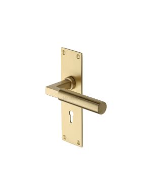 Heritage Brass Door Handle Lever Lock Bauhaus Design Satin Brass finish