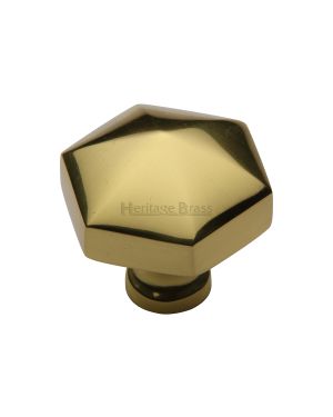 Heritage Brass Cabinet Knob Hexagon Design 32mm Polished Brass finish