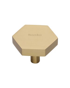 Heritage Brass Cabinet Knob Hexagon Design 38mm Satin Brass finish