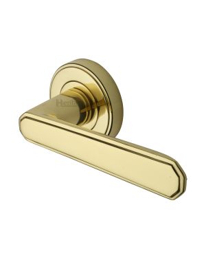 Heritage Brass Door Handle Lever Latch on Round Rose Century Design Polished Brass finish