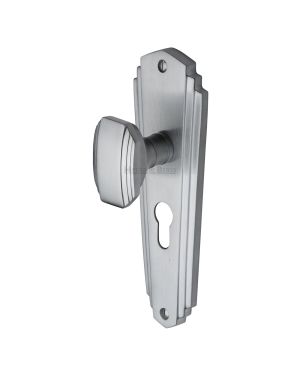 Heritage Brass Mortice Knob on Euro Profile Plate Charlston Design Satin Chrome finish