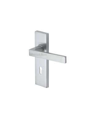 Heritage Brass Door Handle Lever Lock Delta Design Satin Chrome finish