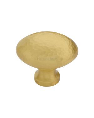 Heritage Brass Cabinet Knob Victorian Oval Hammered Design 38mm Satin Brass finish