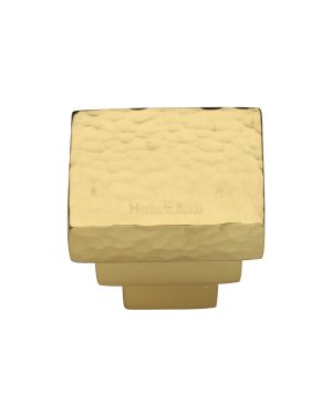 Heritage Brass Cabinet Knob Square Stepped Hammered Design 32mm Polished Brass finish