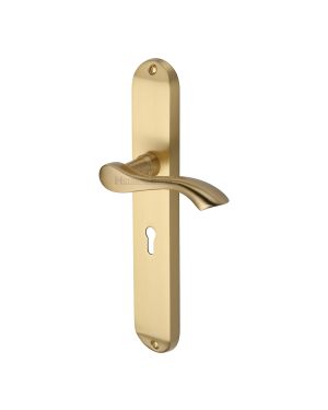 Heritage Brass Door Handle Lever Lock Algarve Long Design Satin Brass finish