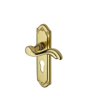 Heritage Brass Door Handle for Euro Profile Plate Lisboa Design Polished Brass finish
