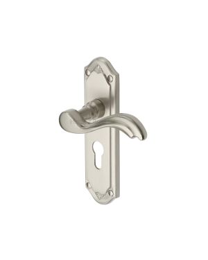 Heritage Brass Door Handle for Euro Profile Plate Lisboa Design Satin Nickel finish