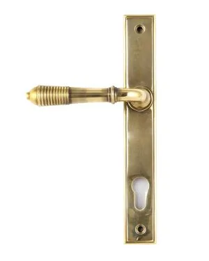 Aged Brass Reeded Slimline Lever Espag. Lock Set
