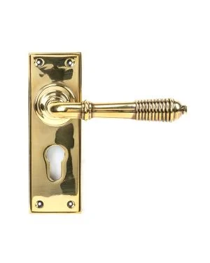 Aged Brass Reeded Lever Euro Lock Set
