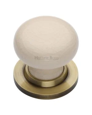 Cream Crackle Knob with Antique Brass base