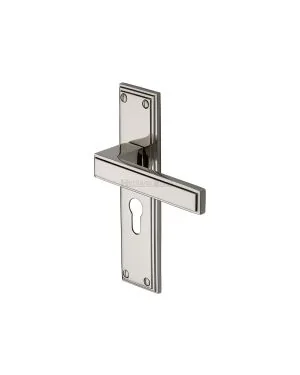 Heritage Brass Door Handle Euro Profile Atlantis Design Polished Nickel finish