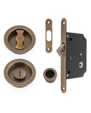 Round Sliding Door Privacy Set - Antique Brass