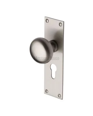 Heritage Brass Mortice Knob on Euro Profile Plate Balmoral Design Satin Nickel finish