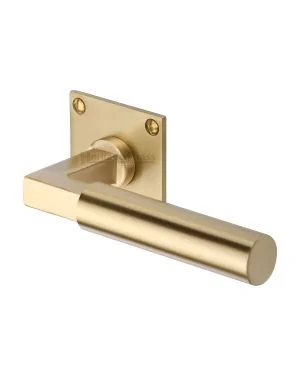Heritage Brass Door Handle Lever Latch on Square Rose Bauhaus Design Satin Brass finish