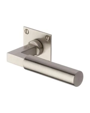 Heritage Brass Door Handle Lever Latch on Square Rose Bauhaus Design Satin Nickel finish
