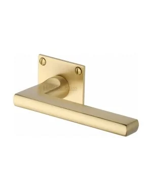 Heritage Brass Door Handle Lever Latch on Square Rose Trident Design Satin Brass finish