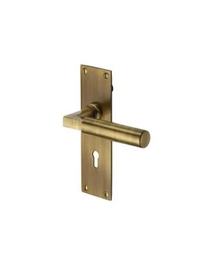 Heritage Brass Door Handle Lever Lock Bauhaus Design Antique finish