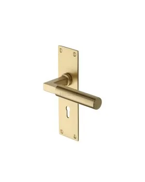Heritage Brass Door Handle Lever Lock Bauhaus Design Satin Brass finish
