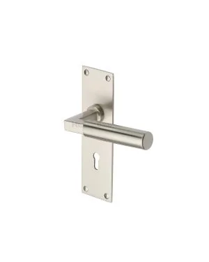 Heritage Brass Door Handle Lever Lock Bauhaus Design Satin Nickel finish