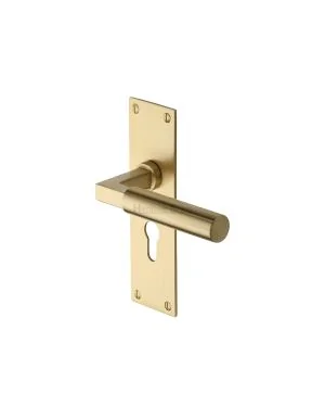 Heritage Brass Door Handle for Euro Profile Plate Bauhaus Design Satin Brass finish