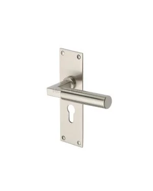 Heritage Brass Door Handle for Euro Profile Plate Bauhaus Design Satin Nickel finish