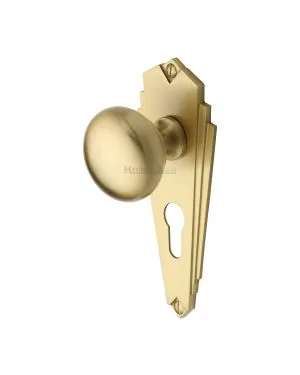 Heritage Brass Mortice Knob on Euro Profile Plate Broadway Design Satin Brass finish