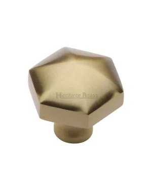 Heritage Brass Cabinet Knob Hexagon Design 32mm Satin Brass finish