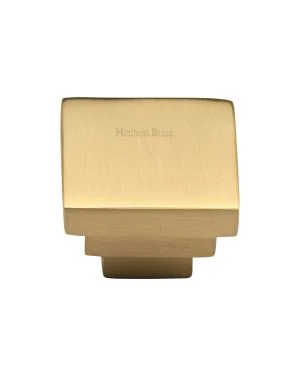 Heritage Brass Cabinet Knob Square Stepped Design 32mm Satin Brass finish