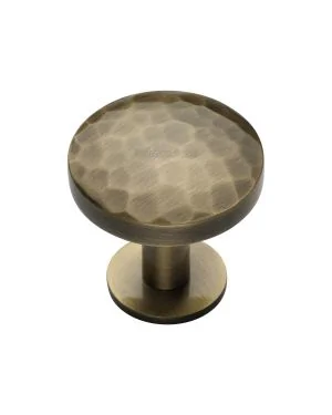 Heritage Brass Cabinet Knob Round Hammered Design with Rose 32mm Antique Brass finish