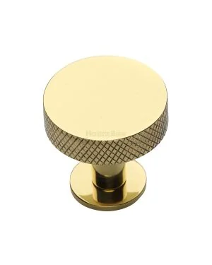 Heritage Brass Cabinet Knob Knurled Disc Design with Rose 32mm Polished Brass finish