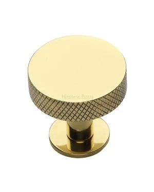 Heritage Brass Cabinet Knob Knurled Disc Design with Rose 38mm Polished Brass finish