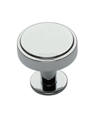 Heritage Brass Cabinet Knob Stepped Disc Design with Rose 38mm Polished Chrome finish