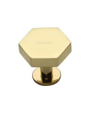 Heritage Brass Cabinet Knob Hexagon Design with Rose 32mm Polished Brass finish