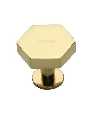 Heritage Brass Cabinet Knob Hexagon Design with Rose 38mm Polished Brass finish