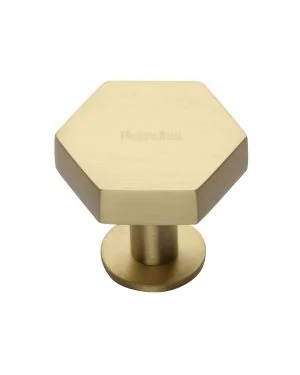 Heritage Brass Cabinet Knob Hexagon Design with Rose 38mm Satin Brass finish