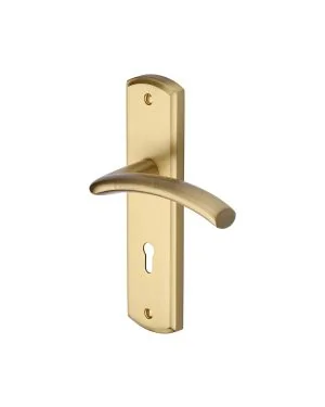 Heritage Brass Door Handle Lever Lock Centaur Design Satin Brass finish