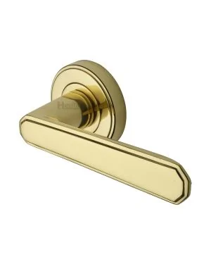 Heritage Brass Door Handle Lever Latch on Round Rose Century Design Polished Brass finish