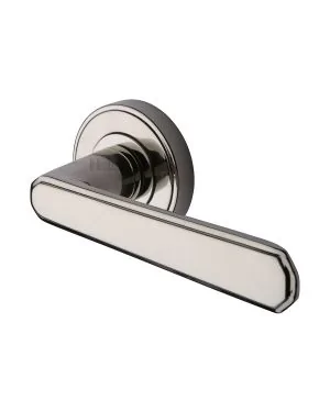 Heritage Brass Door Handle Lever Latch on Round Rose Century Design Polished Nickel finish