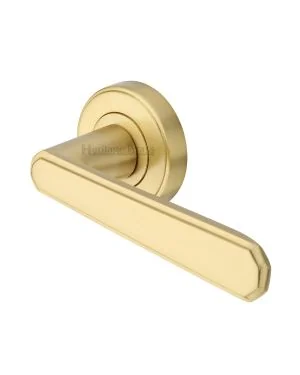 Heritage Brass Door Handle Lever Latch on Round Rose Century Design Satin Brass finish