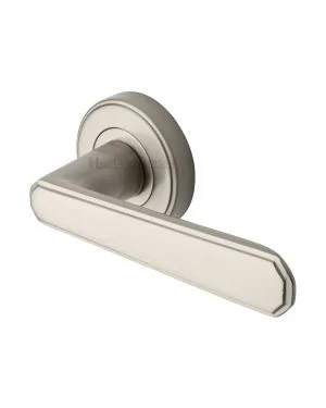 Heritage Brass Door Handle Lever Latch on Round Rose Century Design Satin Nickel finish