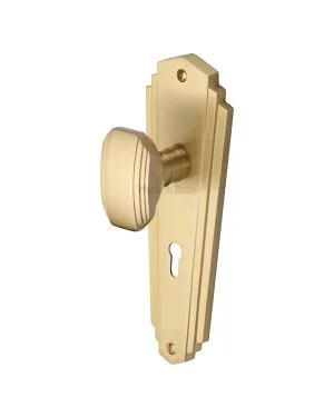 Heritage Brass Mortice Knob on Lock Plate Charlston Design Satin Brass finish