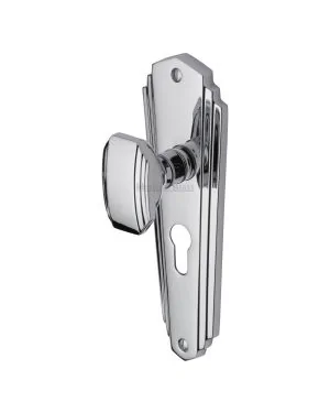 Heritage Brass Mortice Knob on Euro Profile Plate Charlston Design Polished Chrome finish