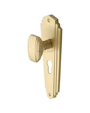 Heritage Brass Mortice Knob on Euro Profile Plate Charlston Design Satin Brass finish