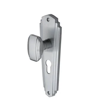 Heritage Brass Mortice Knob on Euro Profile Plate Charlston Design Satin Chrome finish