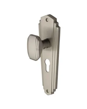 Heritage Brass Mortice Knob on Euro Profile Plate Charlston Design Satin Nickel finish