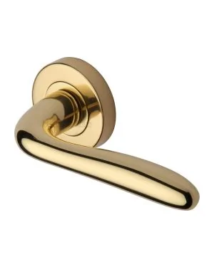 Heritage Brass Door Handle Lever Latch on Round Rose Columbus Design Polished Brass finish