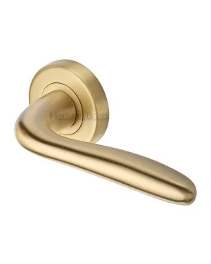 Heritage Brass Door Handle Lever Latch on Round Rose Columbus Design Satin Brass finish